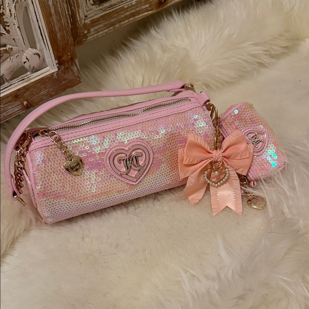 Pink Sequin Heart Barrel Bag with Bow Accent So Adorable 💕